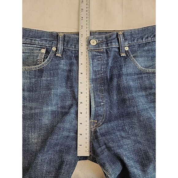 Levis 501 Jeans Mens 36x31 Button Fly Straight Cotton Dark Blue Mid Distressed - Picture 8 of 16